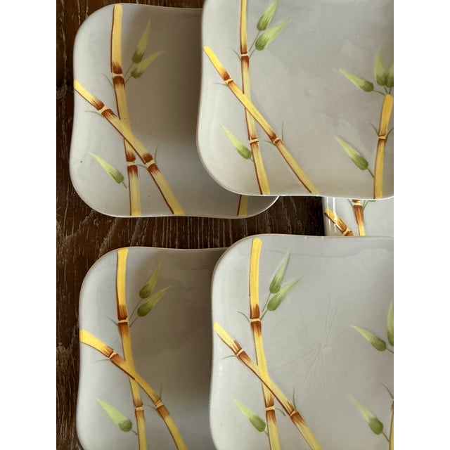 Mid-Century Modern Mid 20th Century Weil Ware California 5.75 Inch Square Plates Hand Decorated Bamboo Pottery - Set of 6 For Sale - Image 3 of 11