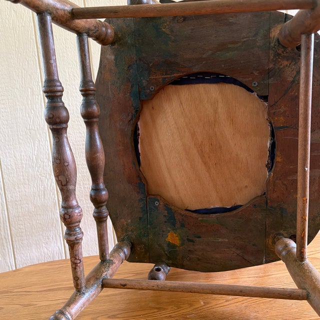 Brown Antique Late Victorian Pressed-Back Oak Rocking Chair With Navy Seat For Sale - Image 8 of 8