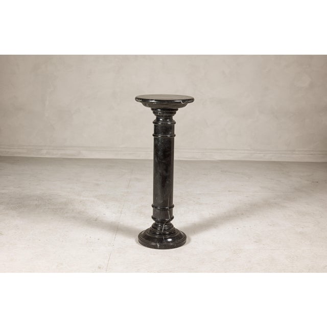 Contemporary Vintage Black Marble Column Pedestal with White Veining and Stepped Base For Sale - Image 3 of 12