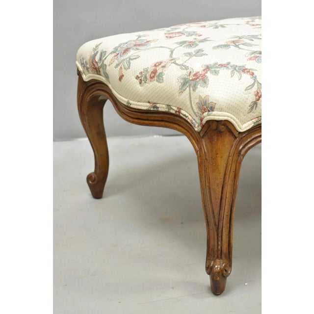 Mid 20th Century Vintage French Country Louis XV Carved Walnut Pink Floral Footstool Ottoman For Sale - Image 5 of 10