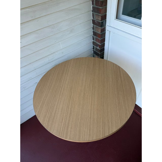 Contemporary Round Pedestal Dining Table, Oak Laminate Top by West Coast Industries 'Disc Table' For Sale - Image 3 of 6