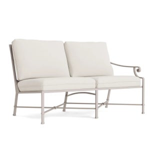 Brown Jordan Venetian Right Arm Loveseat, Dove frame with Fusion Natural fabric For Sale