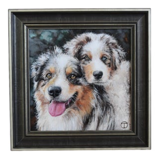Australian Shepherds Dog Portrait Painting Including the Antique Black & Silver Wood Frame For Sale