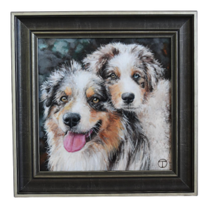 Australian Shepherds Dog Portrait Painting Including the Antique Black & Silver Wood Frame