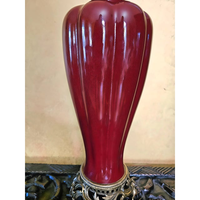 Vintage Sang De Boeuf Vases – Pair of Oxblood Red Ceramic Lamp Bases With Bronze Detailing by Daminic For Sale - Image 9 of 12
