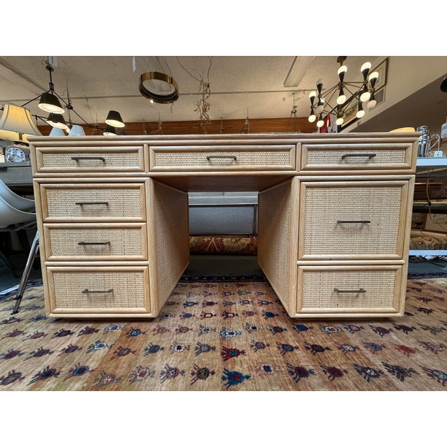Wood Bielecky Brothers Rattan Desk With Filing Drawers For Sale - Image 7 of 14