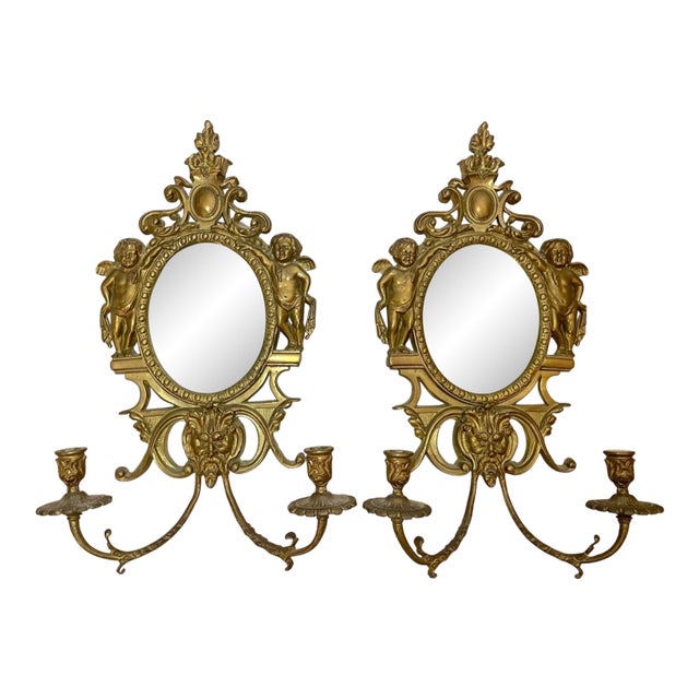 Pair Large Ornate Vintage Solid Brass Figural Cherub Wall Mirror Sconce Fixtures For Sale