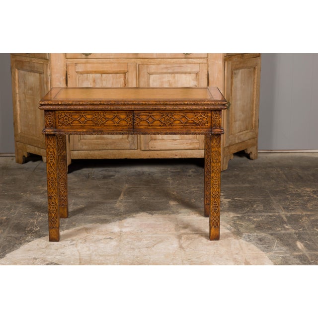 Mid 20th Century Mid 20th Century English Midcentury Game Table with Leather Top and Abundant Carved Décor For Sale - Image 5 of 12