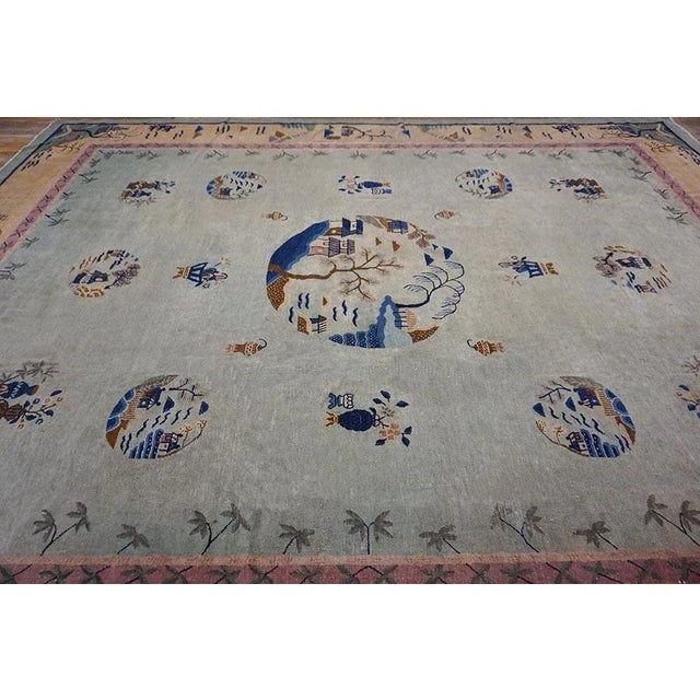 Chinese 1920s Sky Blue Classical Pictorial Antique Chinese Peking Knotted Wool Rug For Sale - Image 3 of 12