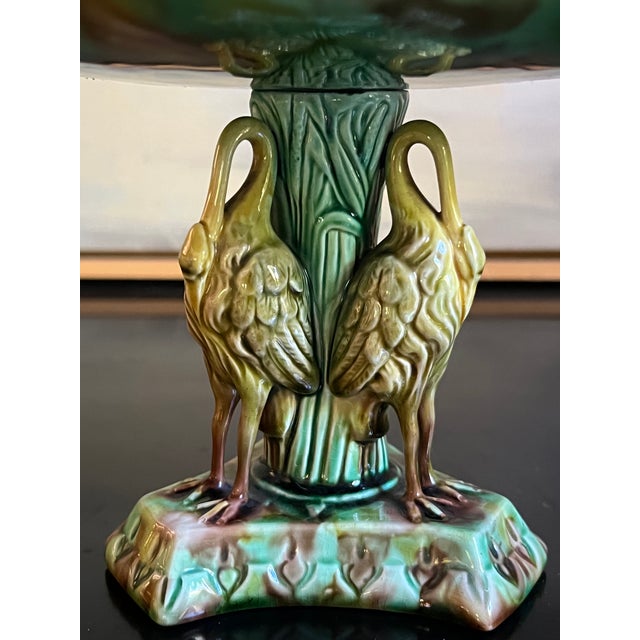 Ceramic Antique English Majolica Pond Lily Compote With Stork , C. 1880's For Sale - Image 7 of 16