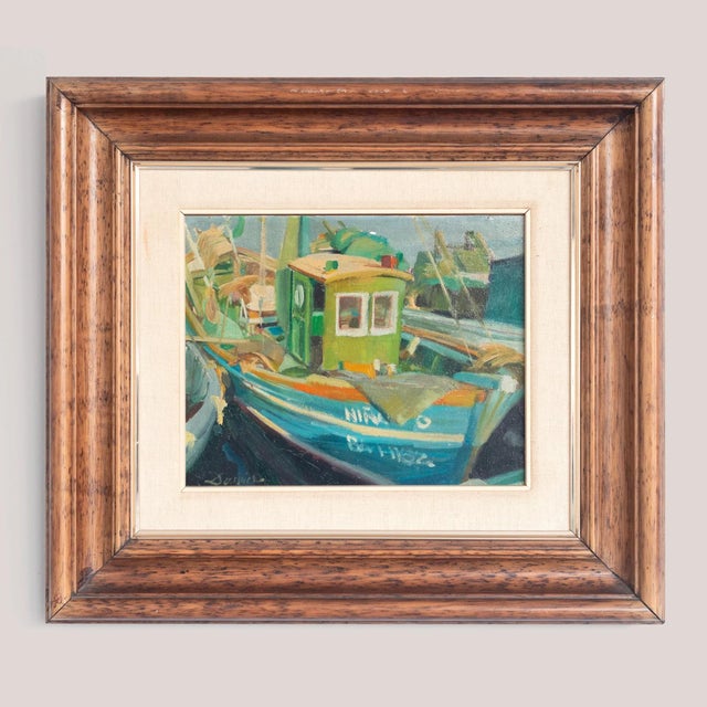 Post Impressionist Artist, Fisherman and Fishing Boats, 1980s, Oil on Canvases, Framed, Set of 2 For Sale - Image 8 of 11