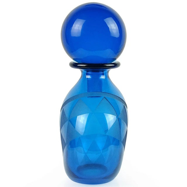 Beautiful vintage American art glass cobalt blue with acid cut back triangle design art glass cabinet vase, with added...