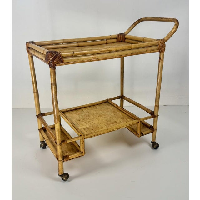 Mid-Century Modern Bamboo Serving Bar Cart, Italy, 1970s, in Good conditions. Designed 1960 to 1969