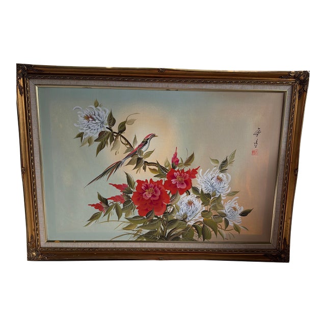 Large Mid-Century Chinese Silk Painting – Hand-Painted Bird & Peony Floral Composition in Ornate Frame - Signed by Unknown Artist For Sale