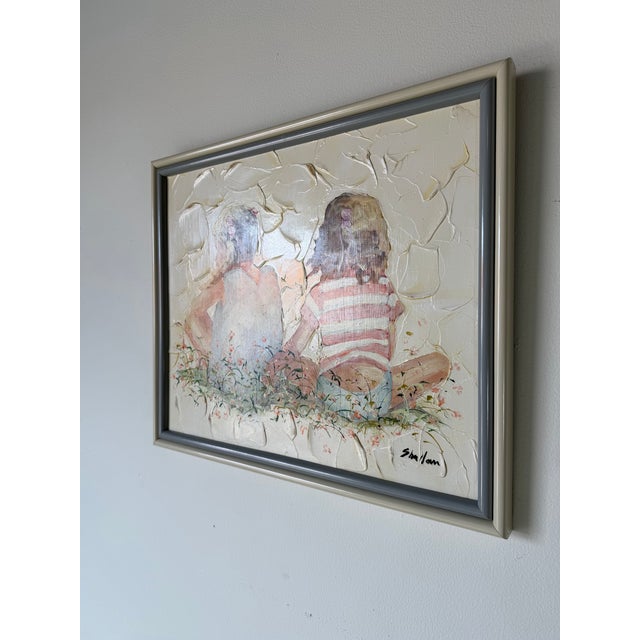 1980s Vintage Shallom Two Girls Impressionist Textured Oil on Board Painting, Framed For Sale - Image 4 of 12