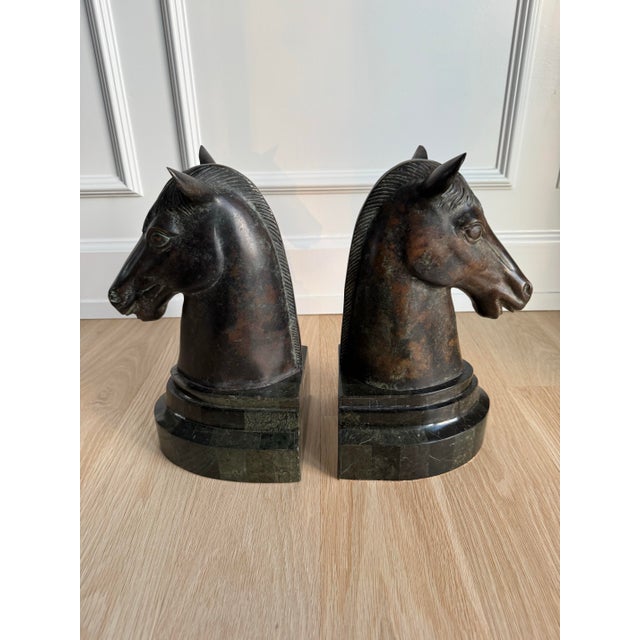Mid 20th Century Vintage Maitland-Smith Horse Head Bookends on Tessellated Marble Bases For Sale - Image 5 of 6