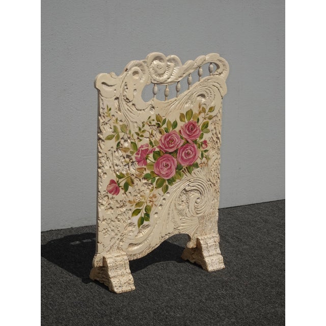 French Country Vintage French Country White Wood Pink Floral Fireplace Screen Room Decor For Sale - Image 3 of 13