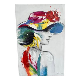 Vintage Postmodern Style 1980s Canvas Oil Painting Wall Art Signed Women Portrait For Sale