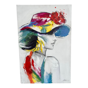 Vintage Postmodern Style 1980s Canvas Oil Painting Wall Art Signed Women Portrait