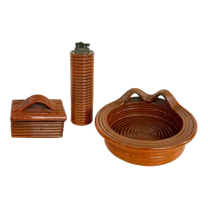 Mid-Century Raymor Glazed Ceramic Smoking Set Italy, Box, Lighter and Ashtray-Set of 3