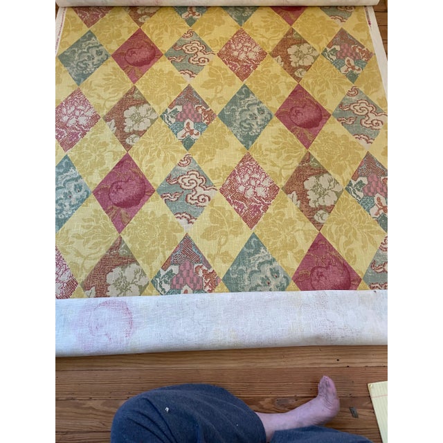 11 yards of a lovely travers linen printed “Ming patchwork” in rose, green and aubrrgine in yellow ground. 25” vertical...