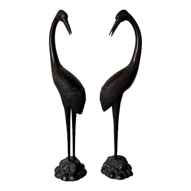 Vintage Bronze Crane / Heron Bird Sculptures – Pair For Sale