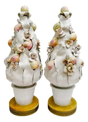 Pair of Mid 20th Century Italian Porcelain White Leaf & Pastel Fruit Topiaries / Table Lamps