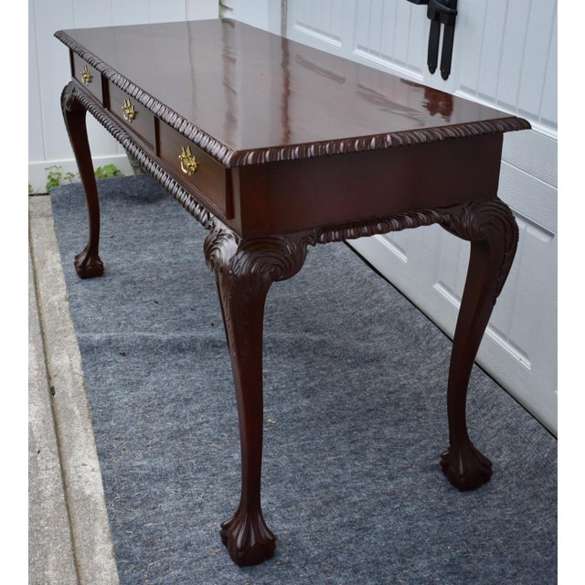 Chippendale Mahogany Writing Console Table Vintage 3 Drawer Ball Claw Foot Sofa For Sale In Philadelphia - Image 6 of 15