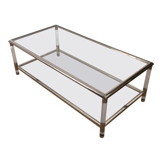 Large Lucite and Chrome 2 Tiers Coffee Table, French, circa 1970 For Sale