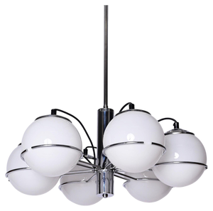 Mid-Century Italian Chrome and Opaline Glass Chandelier by Targetti Sankey, 1970s