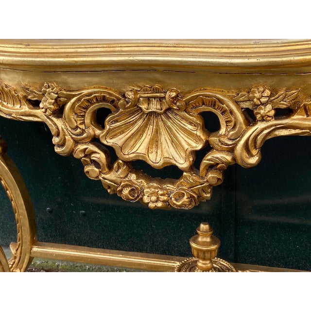 1940s French Louis XVI Baroque Rococo Console Table & Mirror Set – Hand-Carved Beechwood With Marble Top For Sale - Image 10 of 12