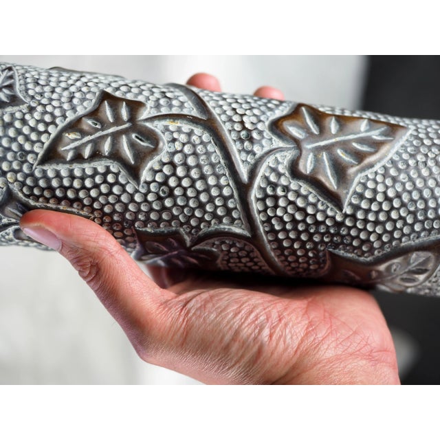 1915 French World War I Brass Shell Casings Vases With Leaves Pattern and Serrated Neck For Sale - Image 10 of 11