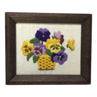 Mid Century Americana Folk Art Petite Pansy and Bee Framed Needlepoint For Sale