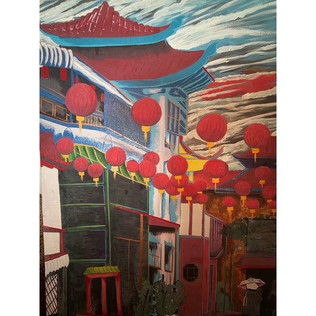 Textile Late 20th Century Lantern-Lit Los Angeles Chinatown Street Scene, Original Acrylic on Canvas For Sale - Image 7 of 8