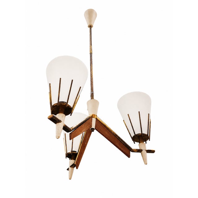 Mid-Century Scandinavian Chandelier in Wood, Brass and Opaline Glass, 1950s, in Very Good conditions. Designed 1950 to...
