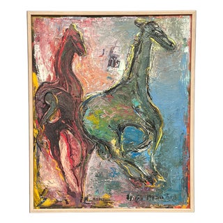 Helmut Mantel, Horses, 1950s, Oil Painting on Canvas, Framed For Sale