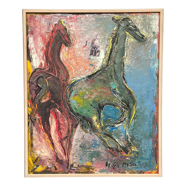 Helmut Mantel, Horses, 1950s, Oil Painting on Canvas, Framed For Sale