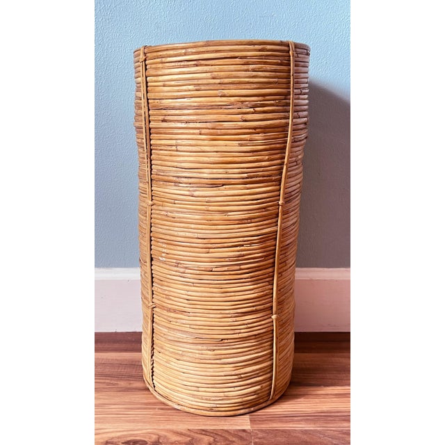 Charming, umbrella/ walking stick stand made in the 1970's out of pencil reed bamboo. Great piece for a palm beach or...