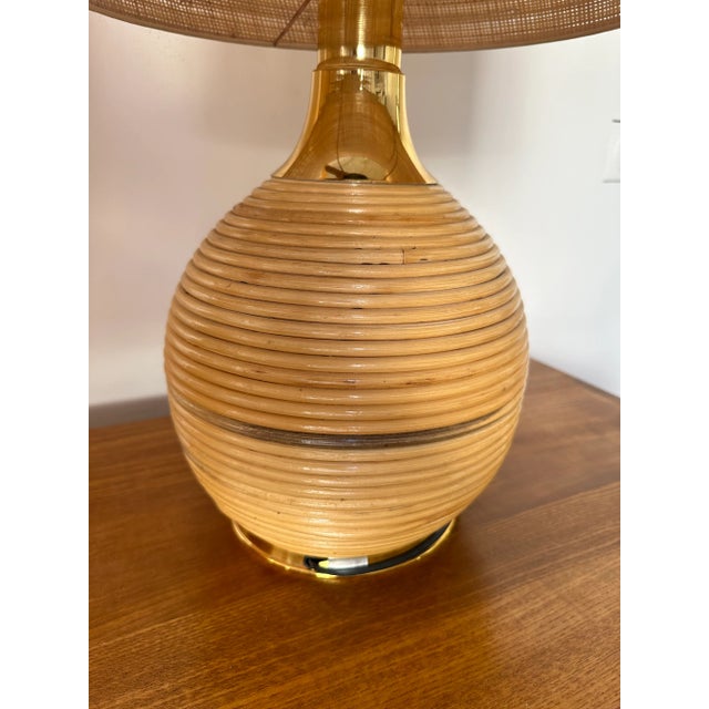 Brass Pair of Rattan and Brass Lamps. Italy, 1970s For Sale - Image 8 of 12