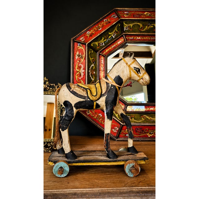 Circa 1900 American Folk Art Painted Wood & Papier-Mâché Pull Toy Horse For Sale - Image 4 of 4
