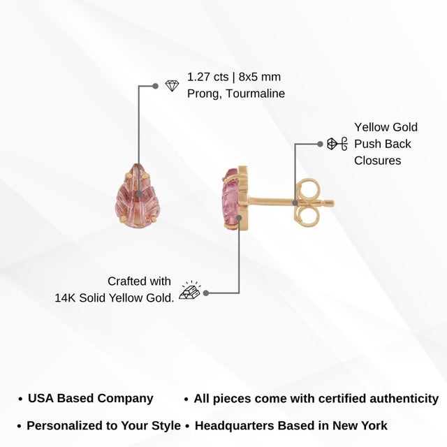 Contemporary 1.27ct Pink Tourmaline Carved Leaf Stud Earrings in 14k Yellow Gold- A Pair For Sale - Image 12 of 15