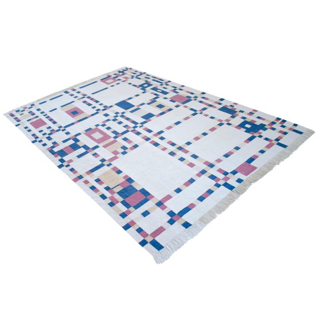 Piet Mondrian - Broadway Boogie Woogie Inspired Silk Hand Woven Area Kilim Wall Rug 6′5″ × 9′2″ For Sale - Image 6 of 17