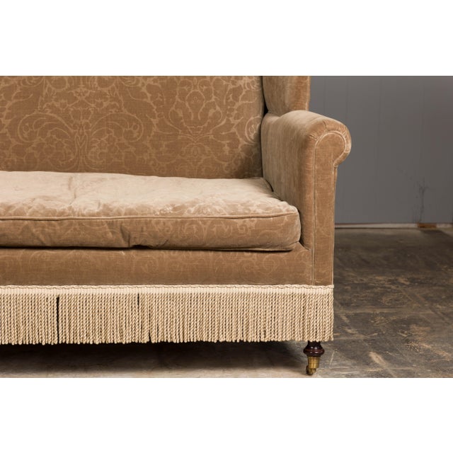 Beige Vintage English Upholstered Loveseat with Out-Scrolling Arms and Casters For Sale - Image 8 of 12