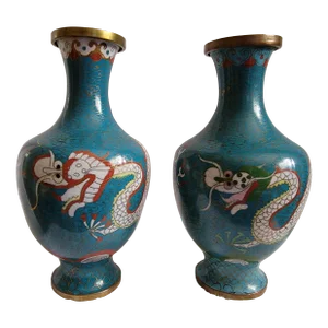 Vintage Blue Cloisonne Vases with Dragon Themes- a Pair