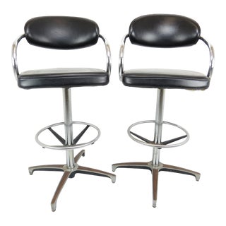 1960's Chromecraft Sculptural Chrome and Black Vinyl Bar Stools - a Pair For Sale
