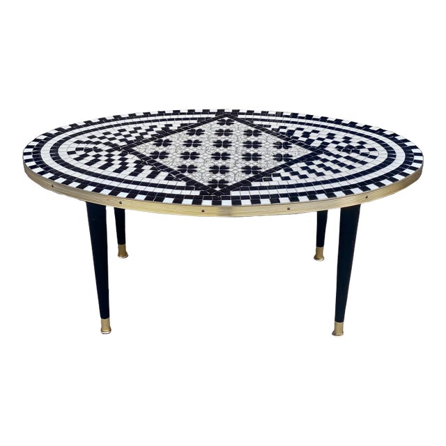 Mid-Century Modern Tile Top Black & White Mosaic Oval Coffee Table For Sale