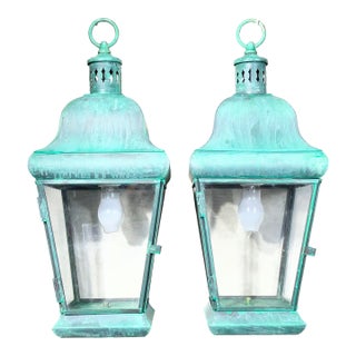 Pair of Vintage Solid Brass Hanging Lanterns. 20”.5 H X 8”.5w X 8”.5 W For Sale