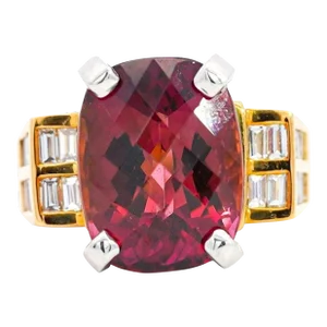 Vintage 13.50 Carat GIA Certified Purplish-Pink Tourmaline Ring 18K and Platinum, Size 8