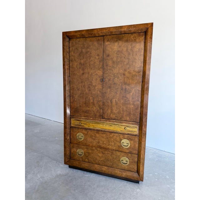 Vintage 1970’s Bernhard Rohne Mastercraft Furniture attributed burlwood tall chest with iconic Rohne acid-etched brass...