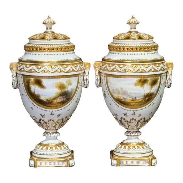 Antique Royal Worcester Neoclassical Matched White and Gilt (Gold) Porcelain Covered Urns W/ Landscaped Panels by Harry Davis, a Pair, England 1912. For Sale